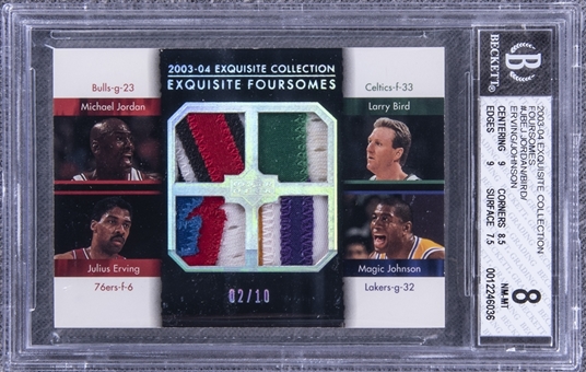 2003-04 UD "Exquisite Collection" Foursomes #JBEJ Jordan/Bird/Erving/Johnson Game Used Patch Card (#02/10) – BGS NM-MT 8